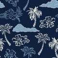 Summer vibes wuth palm trees ,hibiscus flowers,clouds Seamless pattern Vector Illustration ,Design for fashion , fabric, textile, Royalty Free Stock Photo