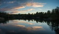 Summer vibrant sunset reflected in calm lake waters