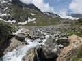 Summer view of alpine landscape with snow-capped mountain peaks and wild Freigerbach stream. Tyrol, Stubai Alps, Austria Royalty Free Stock Photo