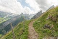 Summer view on a cloudy day of a hiking trail on a grassy alpine slope with sharp mountain peaks in the background. Royalty Free Stock Photo