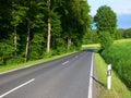 Summer view on empty automobile road with kilometer post among green fiels and forest trees. Empty car road. European car travel c