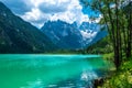 Summer view of Landro Lago, Cime di Lavaredo, Drei Zinnen, Dolomites, Italy. Royalty Free Stock Photo