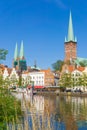 Summer view of Lubeck old town and Trave river, Germany Royalty Free Stock Photo