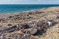 Summer view of natural waste and man-made trash from the Japan Sea, washed up on the beach at Mikawa, Ishikawa Prefecture, Japan. Royalty Free Stock Photo