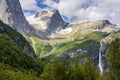 Summer view of the opposite rock with glaciers and the Volefossen waterfall, Norway, Europe