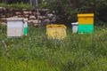 Summer view of rural apiary and honey production in Greece, bee hive colony, swarm of bees in a beehive in a countryside, Royalty Free Stock Photo