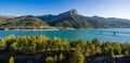 Summer view of Serre-Poncon Lake with Savines-le-Lac and the Grand Morgon mountain peak. Alps, France