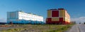 Summer view of the street and colorful buildings of the northern village of Tavayvaam, located in the Russian Far East Royalty Free Stock Photo