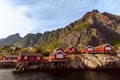 Traditional Rorbuer Huts on the side of a fjord in Lofoten, Norway