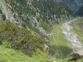 Summer view of winding Sulzenau spring Sulzenaubach and Sulzenaualm hut, Alpine mountain valley in Stubai Austrian Alps Royalty Free Stock Photo