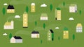 Summer village landscape. Cute tiny houses, rural panorama background. Neighborhood or suburb, buildings in forest