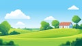 Summer village landscape with fields, trees, sky, clouds. Vector illustration Royalty Free Stock Photo