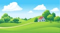 Summer village landscape with fields, trees, sky, clouds. Vector Royalty Free Stock Photo