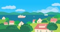 Summer village river landscape flat color vector Royalty Free Stock Photo