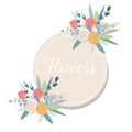 Summer Vintage Floral Greeting Card with Blooming garden flowers. Design banner with spring is here logo. Royalty Free Stock Photo