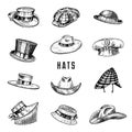 Summer vintage Hats collection for elegant men,woman, female and ladies. Fedora Derby Deerstalker Homburg Bowler Straw Royalty Free Stock Photo
