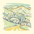 Summer vintage vector landscape.Valley with mountains and lush green meadows. Hand drawn color sketch vector illustration. Curving Royalty Free Stock Photo