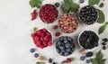 Summer vitamin food concept, set of various berries - blueberry, raspberry, blackberry, red white and black currant in Royalty Free Stock Photo