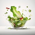 Summer vitamin salad of green lettuce leaves and various vegetables flying in the air on a white background Royalty Free Stock Photo