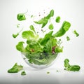 Summer vitamin salad of green lettuce leaves and various vegetables flying in the air on a white background Royalty Free Stock Photo