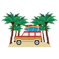 Summer vitnage van with surf tables in the beach cartoon Royalty Free Stock Photo