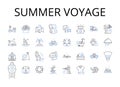 Summer voyage line icons collection. Beach excursion, Winter retreat, Mountain expedition, Tropical escape, City