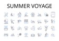 Summer voyage line icons collection. Beach excursion, Winter retreat, Mountain expedition, Tropical escape, City