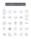 Summer voyage line icons collection. Beach excursion, Winter retreat, Mountain expedition, Tropical escape, City