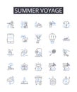 Summer voyage line icons collection. Beach excursion, Winter retreat, Mountain expedition, Tropical escape, City
