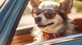 Summer Wanderlust Chihuahua Dog with Shades and Leash on Adventurous Road Trip - Generative AI Royalty Free Stock Photo