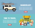 Summer wanderlust concept design flat banners set with suv. Time to travel. Travel icon. Safe journey