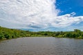 Summer warm day near the river with clouds