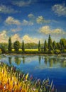 Summer warm Italian French Tuscany landscape - Trees are reflected in calm blue water, beautiful summer sky