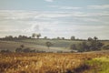 Summer warm view for local farmlands in Oxfordshire, harvest time farm fields landscape with trees and cows in far Royalty Free Stock Photo