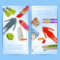 Summer water beach sea sports banners activities vector illustration. Active people watersport windsurfing, surfing, jet