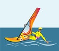 Summer water beach sports, activities. Board with a sail, wetsuit. Man standing on the board learning to windsurf. Windsurfer tra Royalty Free Stock Photo