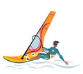 Summer water beach sports, activities. Orange board with a sail, wetsuit. Man standing on the board learning to windsurf. Isolate Royalty Free Stock Photo