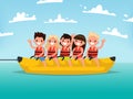 Summer water fun. Children ride on a banana boat. Vector illustr