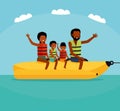 Summer water fun. Family riding a water banana boat. Active travel concept. Cartoon flat style illustration. African Royalty Free Stock Photo