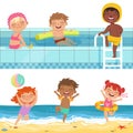 Summer water games in aquapark. Cartoon illustrations of funny kids