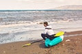 Summer Water Sport. Handsome Athletic Man With Body Holding Transparent Canoe Kayak. Royalty Free Stock Photo