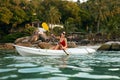 Summer Water Sport. Woman Traveling In Kayak Near Green Island Royalty Free Stock Photo