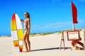 Summer Water Sports. Beach Vacation. Surfing. Woman In Bikini Royalty Free Stock Photo
