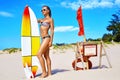 Summer Water Sports. Beach Vacation. Surfing. Woman In Bikini, Surfing Royalty Free Stock Photo