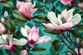 pattern seamless wallpaper magnolia watercolor floral background decoration flower leaf drawing. Generative AI.