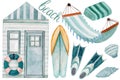 Watercolor beach house, sport elements, seashell, hammock, text isolated on white background. For summer products, etc.