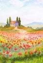 Summer watercolor illustration with grass field with flowers and house  and trees on hill. Poppies and other wild flowers, Royalty Free Stock Photo