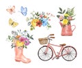 Summer watercolor illustrations set. Colorful wildflowers, herbs, pink bicycle, rain boot with floral bouquet, isolated Royalty Free Stock Photo