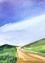 Summer watercolor landscape of empty country road among hilly green valley. Bright blue sky with fluffy white clouds. Hand drawn Royalty Free Stock Photo