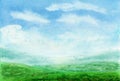 Summer watercolor landscape. Spring watercolor landscape with mountains, blue sky, clouds, green glade fields and Royalty Free Stock Photo